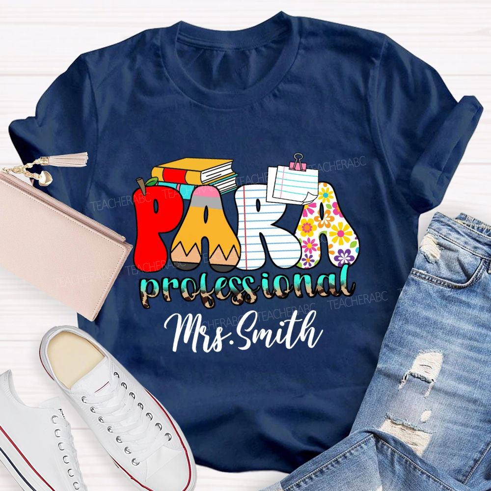 Personalized Name Paraprofessional Red Apple Pencil Strip Teacher T-Shirt