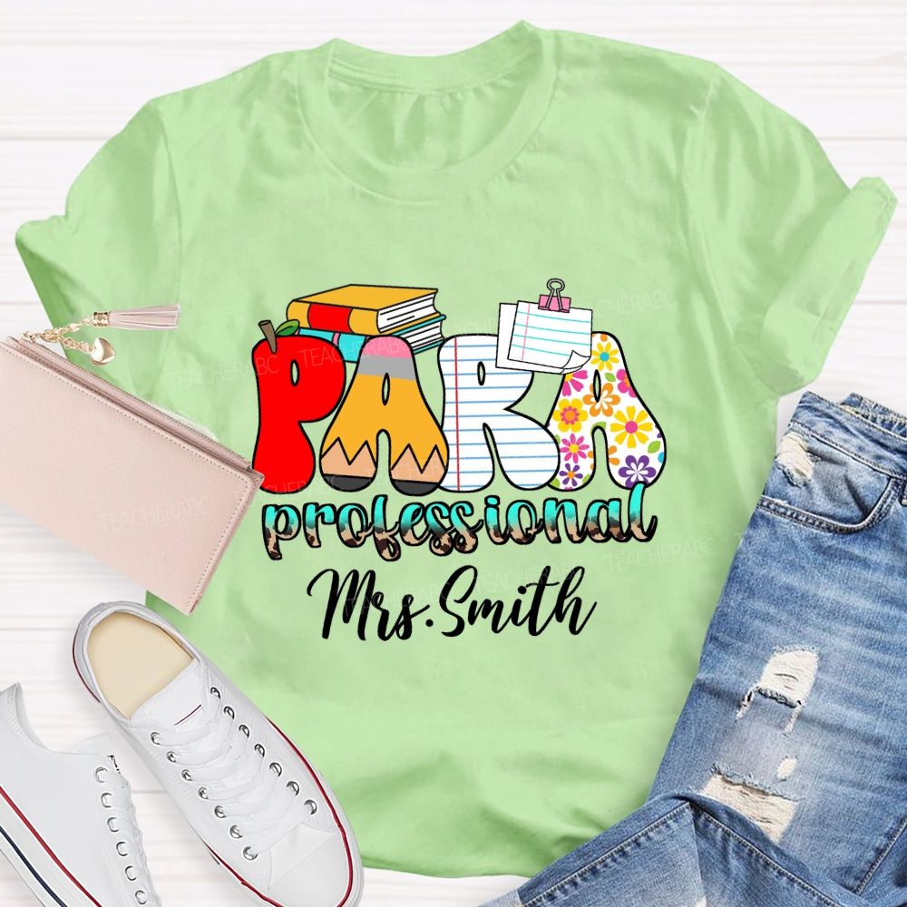 Personalized Name Paraprofessional Red Apple Pencil Strip Teacher T-Shirt