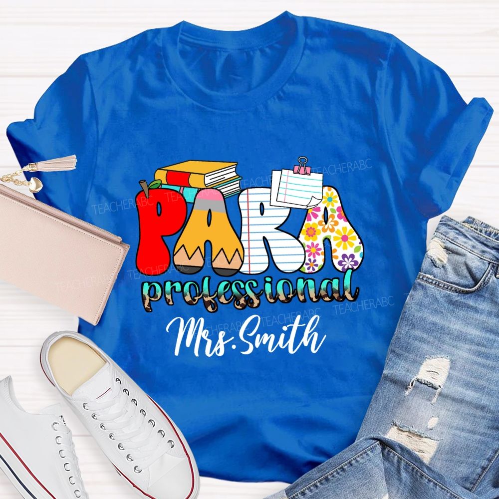 Personalized Name Paraprofessional Red Apple Pencil Strip Teacher T-Shirt
