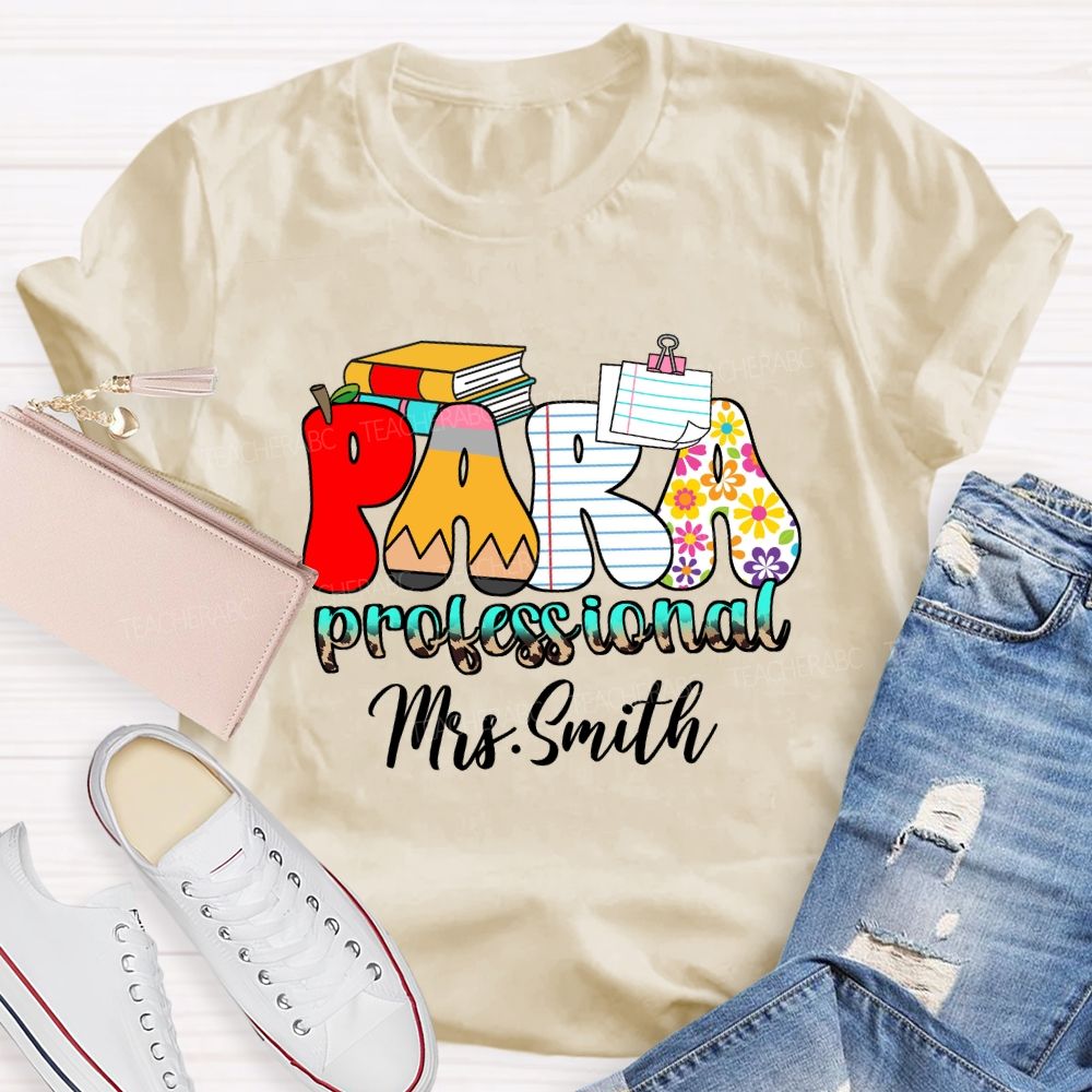 Personalized Name Paraprofessional Red Apple Pencil Strip Teacher T-Shirt