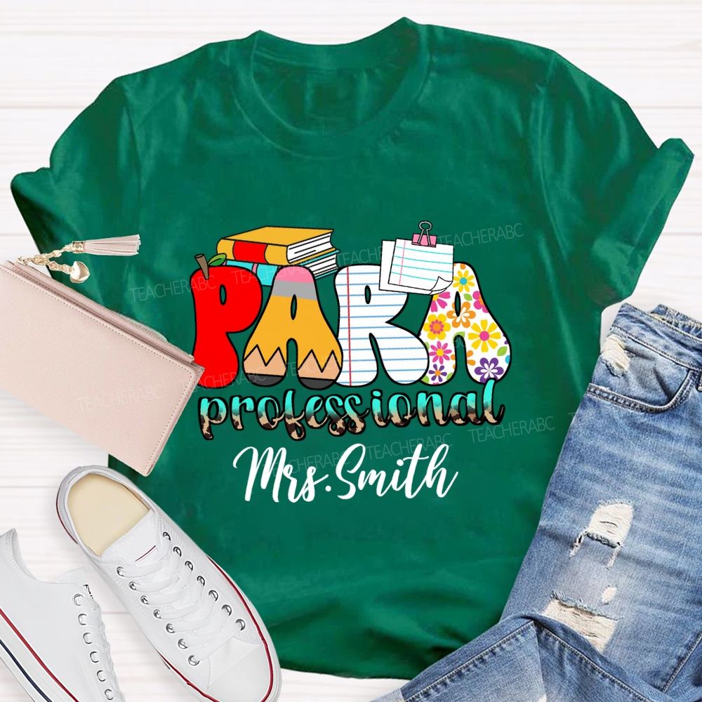 Personalized Name Paraprofessional Red Apple Pencil Strip Teacher T-Shirt