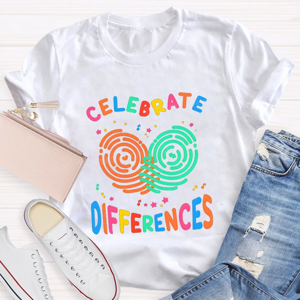 Celebrate Difference Colorful Fingerprint Letters Teacher T-shirt