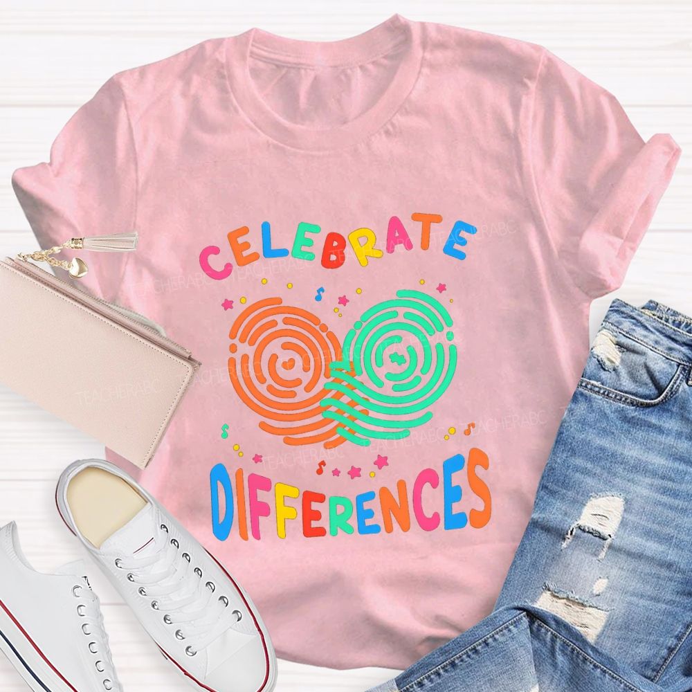 Celebrate Difference Colorful Fingerprint Letters Teacher T-shirt