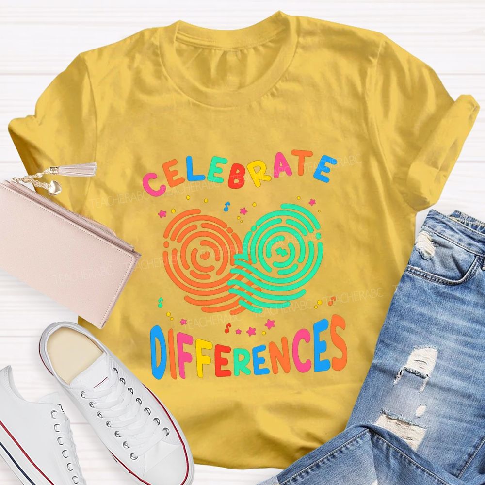 Celebrate Difference Colorful Fingerprint Letters Teacher T-shirt