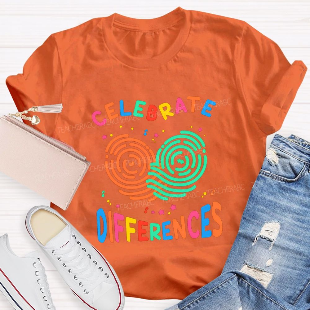Celebrate Difference Colorful Fingerprint Letters Teacher T-shirt