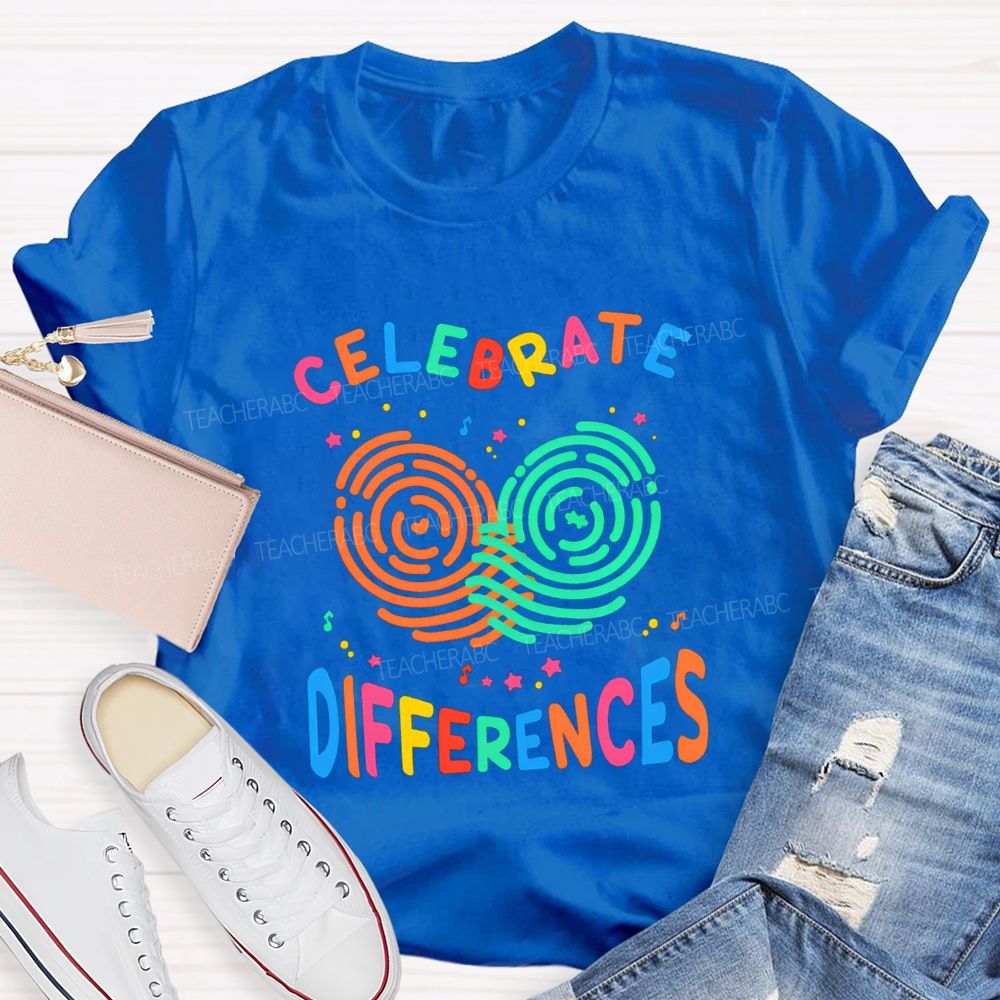 Celebrate Difference Colorful Fingerprint Letters Teacher T-shirt