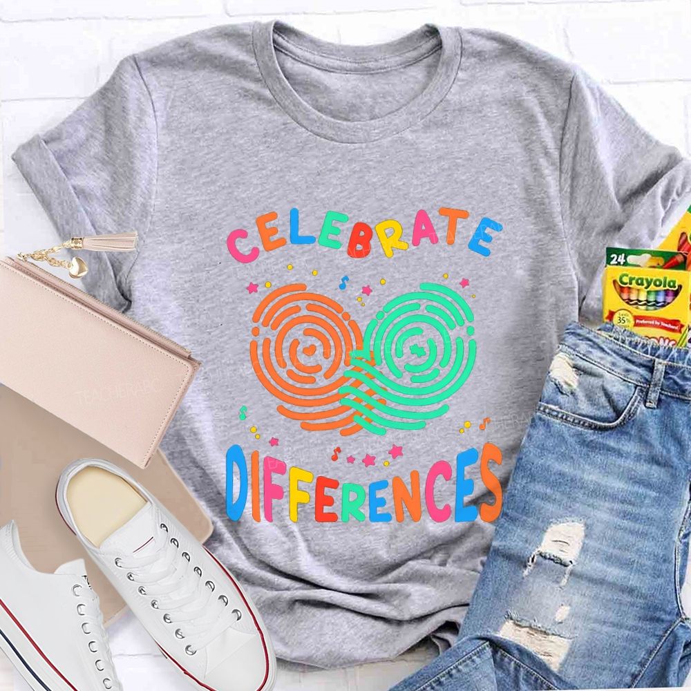 Celebrate Difference Colorful Fingerprint Letters Teacher T-shirt