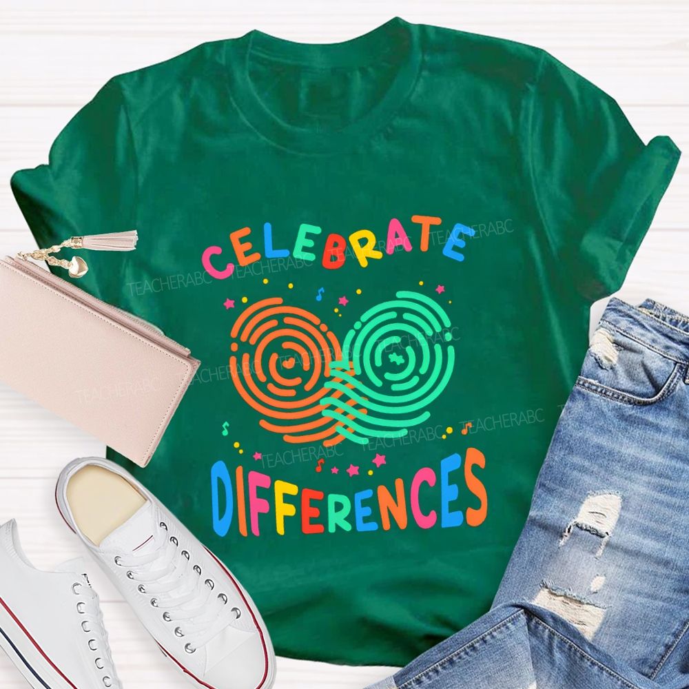 Celebrate Difference Colorful Fingerprint Letters Teacher T-shirt