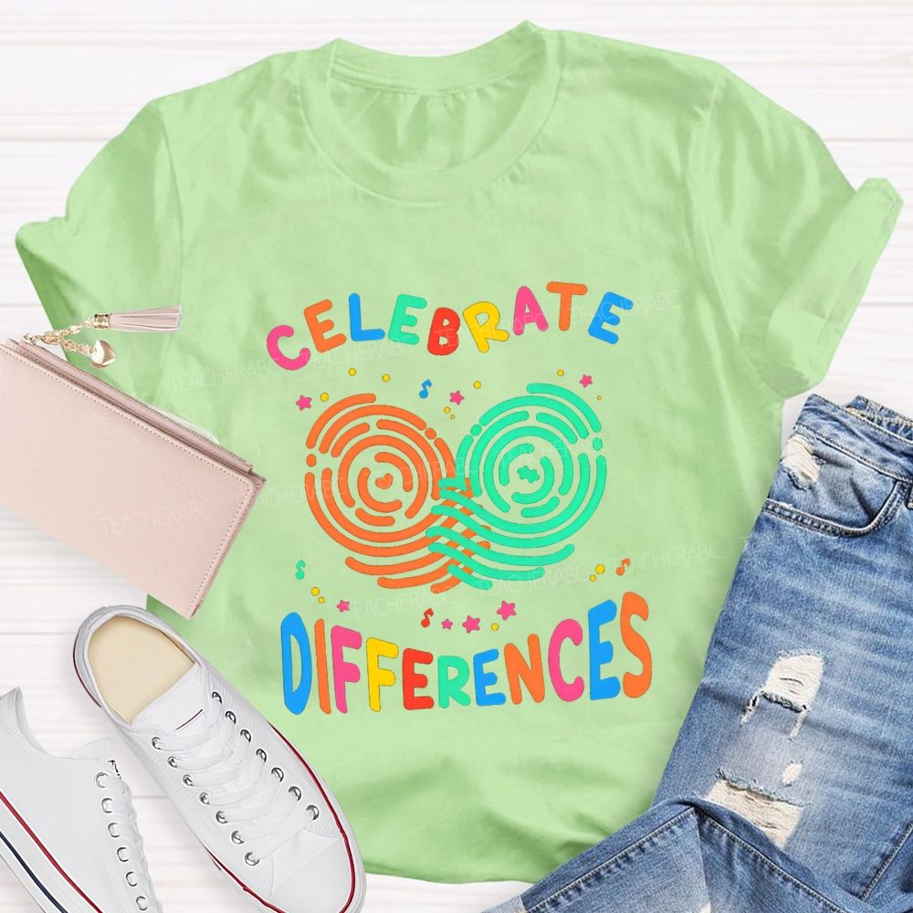 Celebrate Difference Colorful Fingerprint Letters Teacher T-shirt