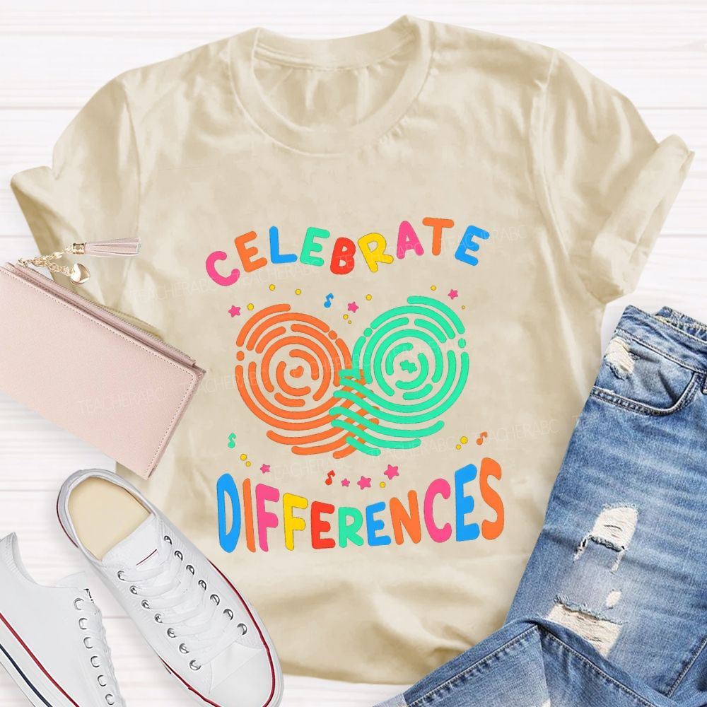 Celebrate Difference Colorful Fingerprint Letters Teacher T-shirt