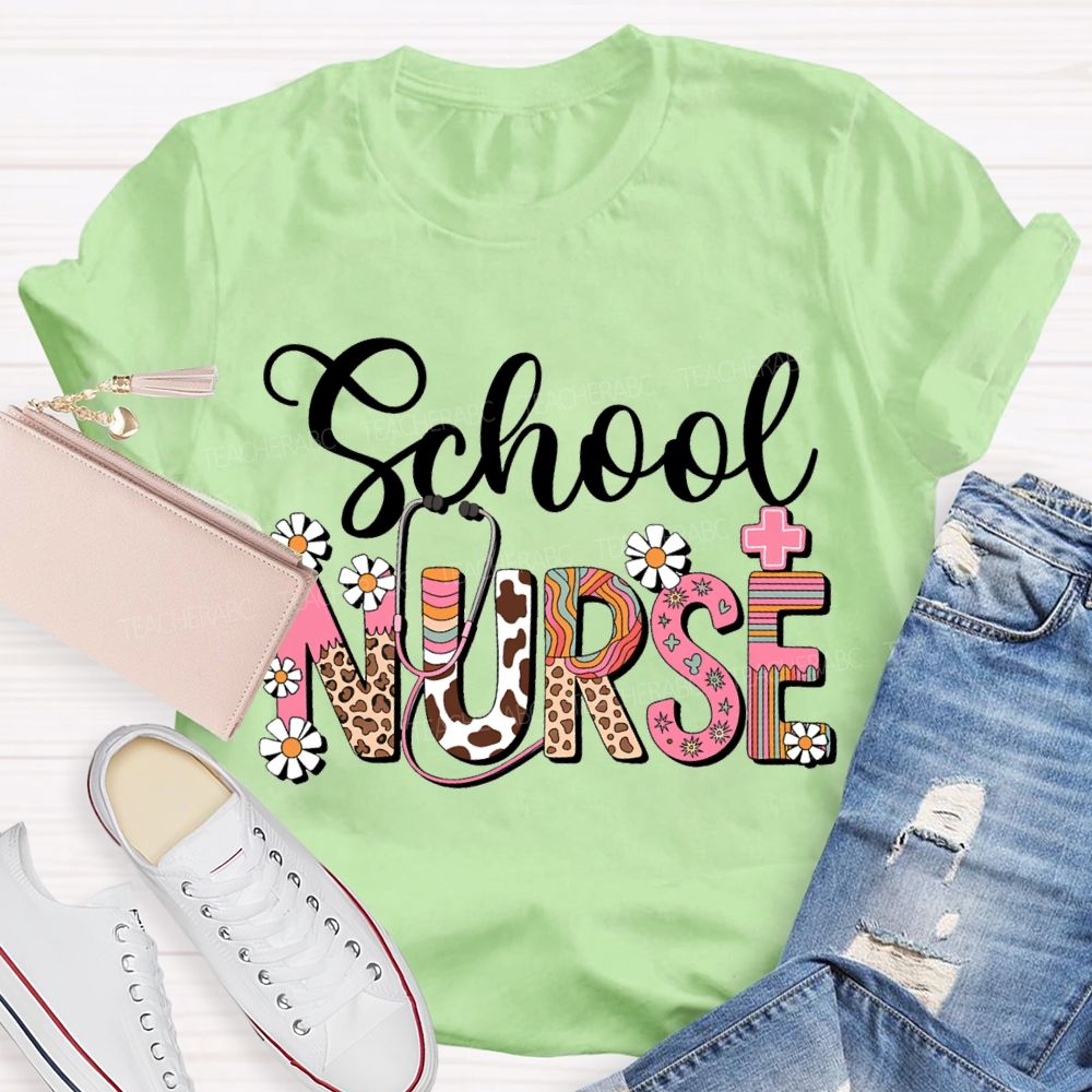 School Nurse Small Flowers And Colorful Fonts T-shirt