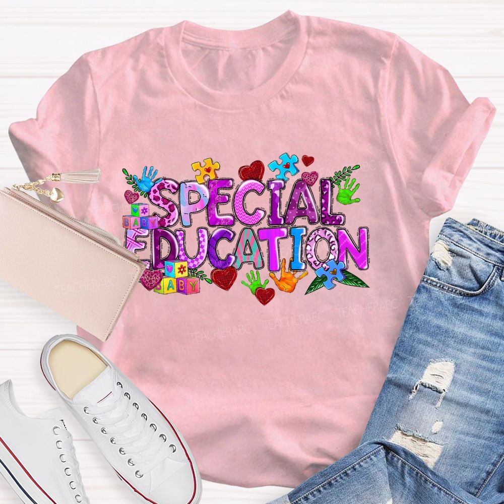 Special Education Purple Letters Heart  Teacher T-shirt