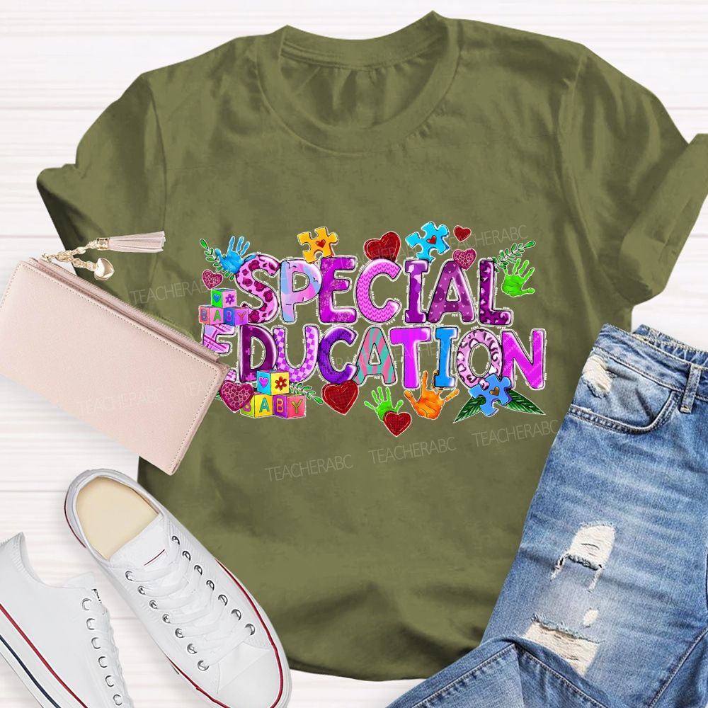 Special Education Purple Letters Heart  Teacher T-shirt