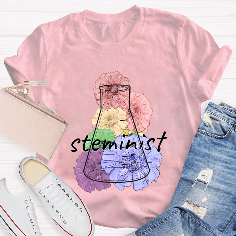 Steminist Laboratory Flasks And Colorful Flowers Teacher T-shirt