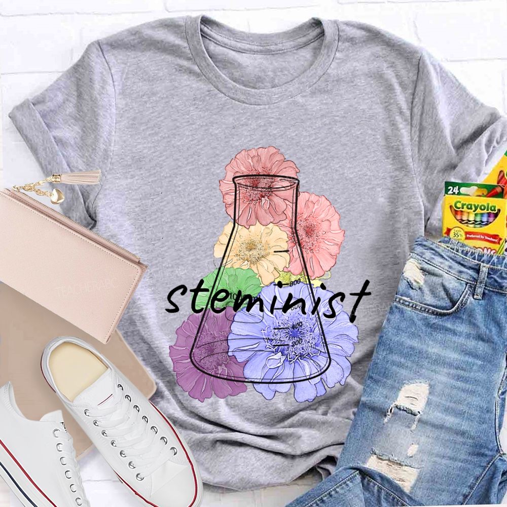 Steminist Laboratory Flasks And Colorful Flowers Teacher T-shirt