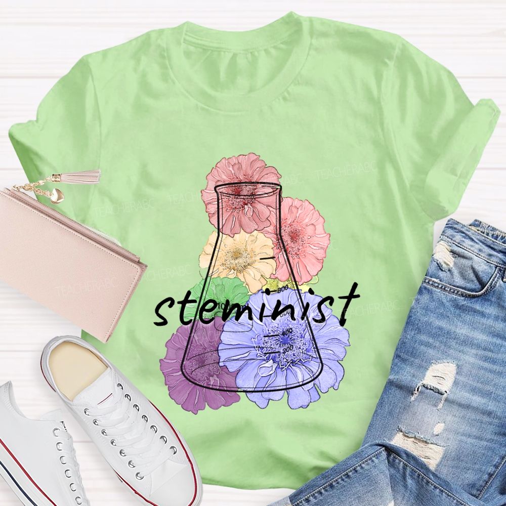 Steminist Laboratory Flasks And Colorful Flowers Teacher T-shirt