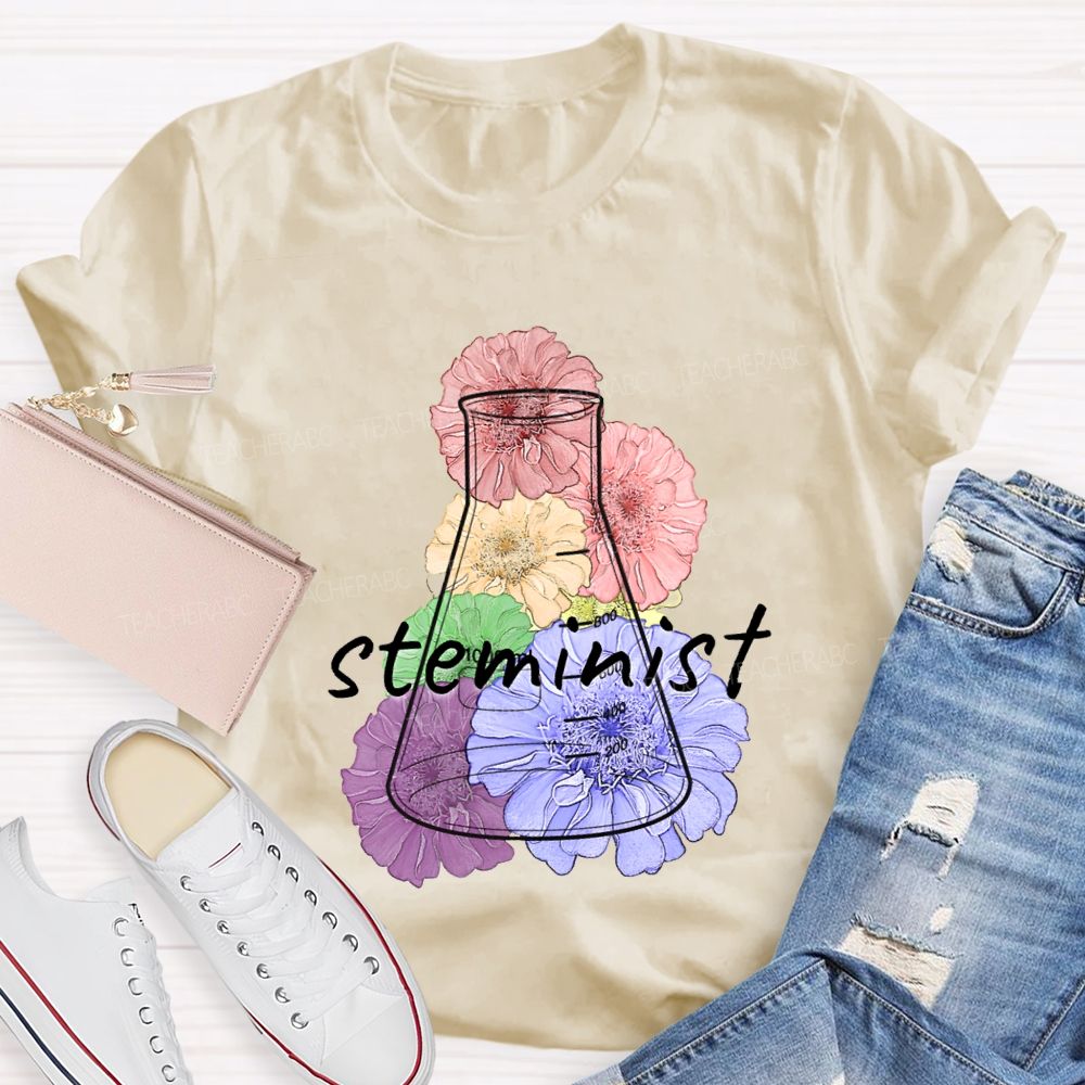 Steminist Laboratory Flasks And Colorful Flowers Teacher T-shirt