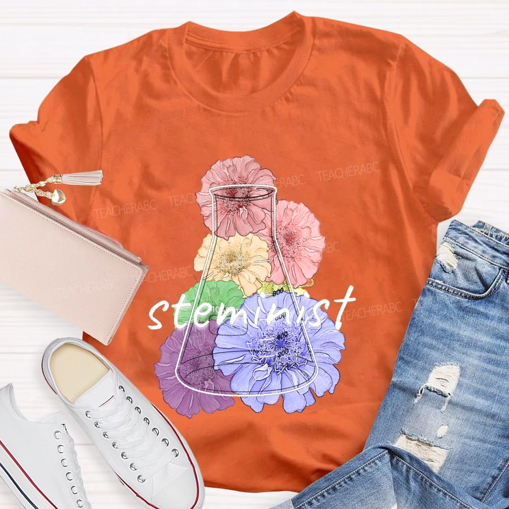 Steminist Laboratory Flasks And Colorful Flowers Teacher T-shirt