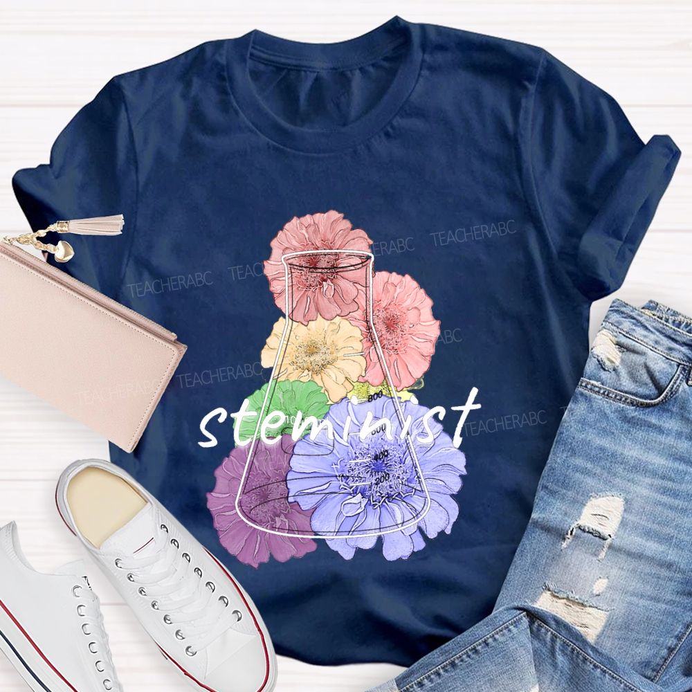 Steminist Laboratory Flasks And Colorful Flowers Teacher T-shirt