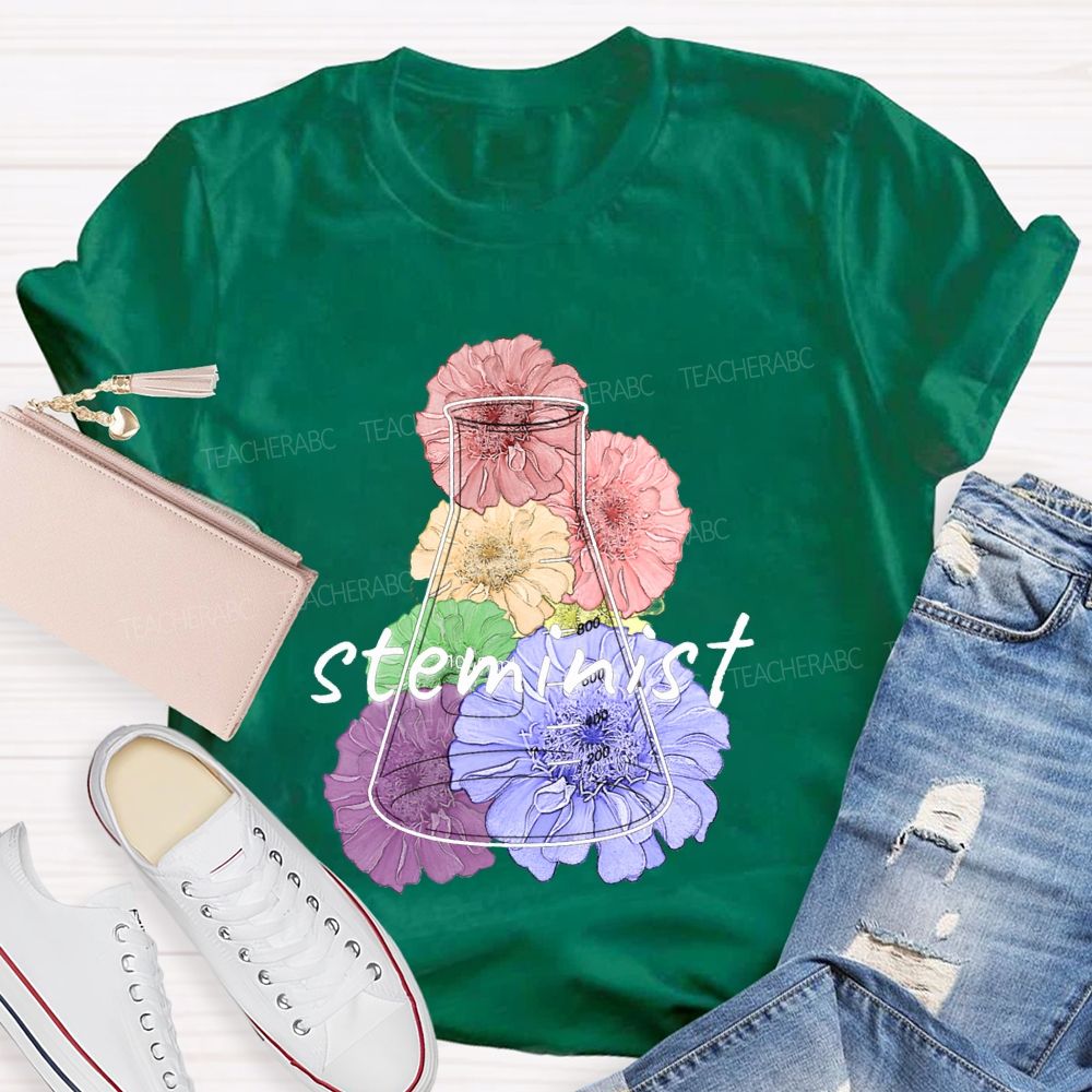 Steminist Laboratory Flasks And Colorful Flowers Teacher T-shirt