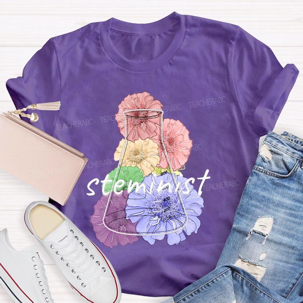 Steminist Laboratory Flasks And Colorful Flowers Teacher T-shirt