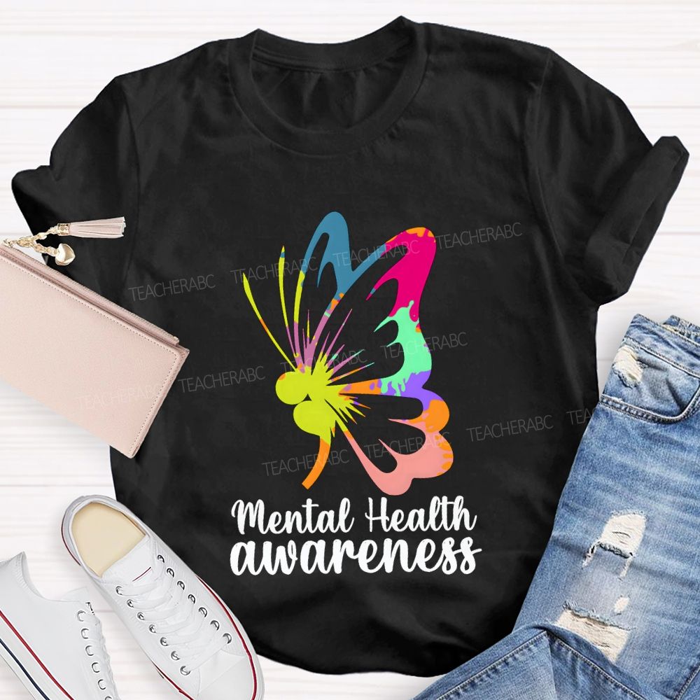 Mental Health Awareness Colorful Butterfly Teacher T-shirt