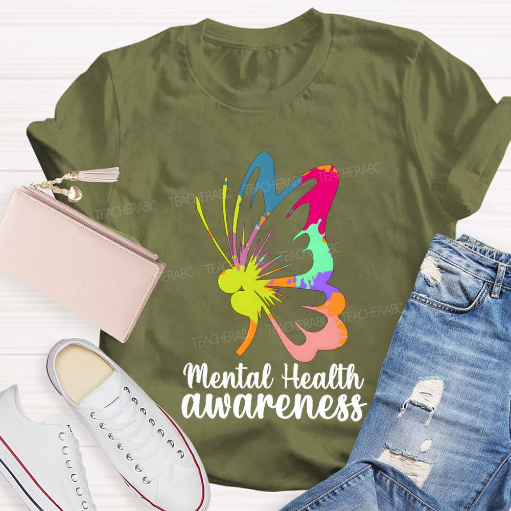 Mental Health Awareness Colorful Butterfly Teacher T-shirt