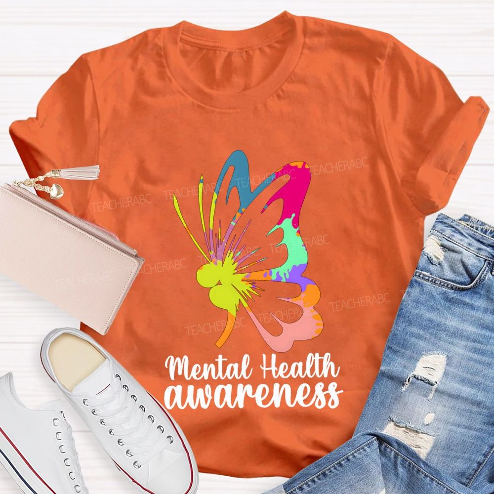 Mental Health Awareness Colorful Butterfly Teacher T-shirt