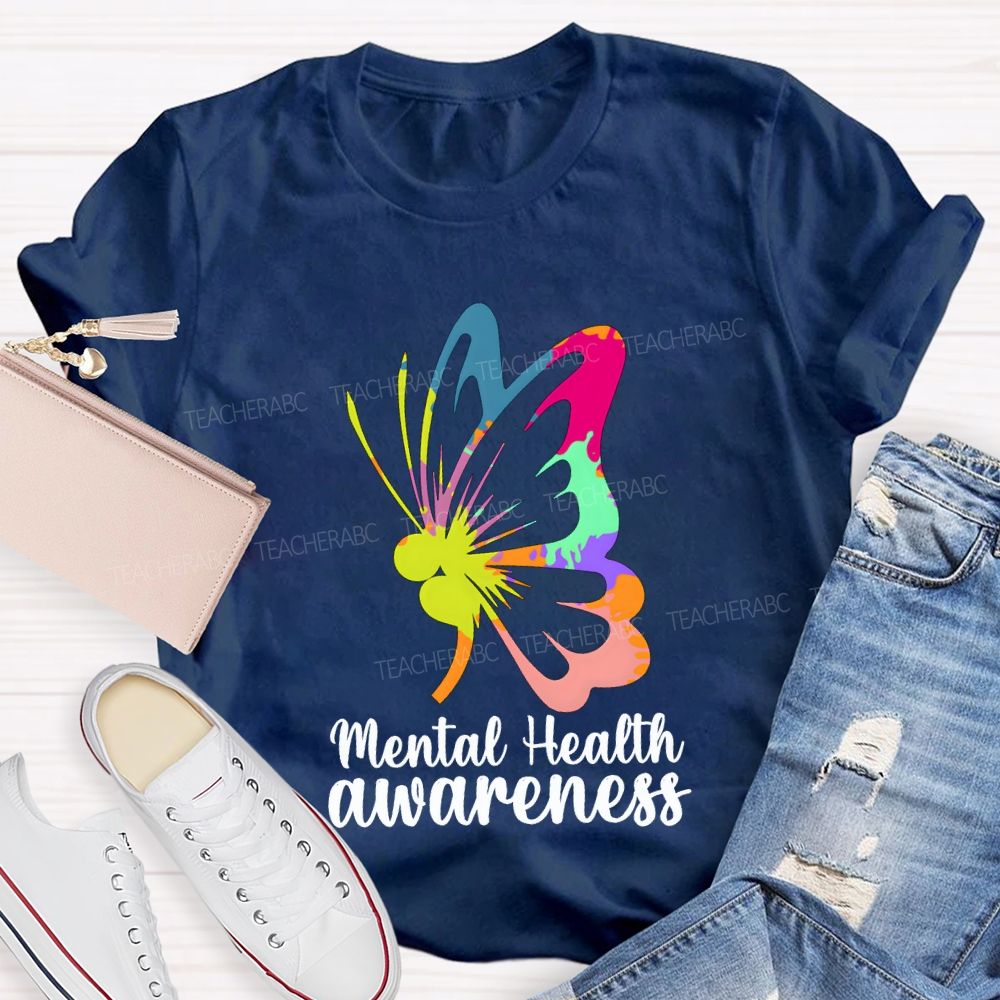 Mental Health Awareness Colorful Butterfly Teacher T-shirt