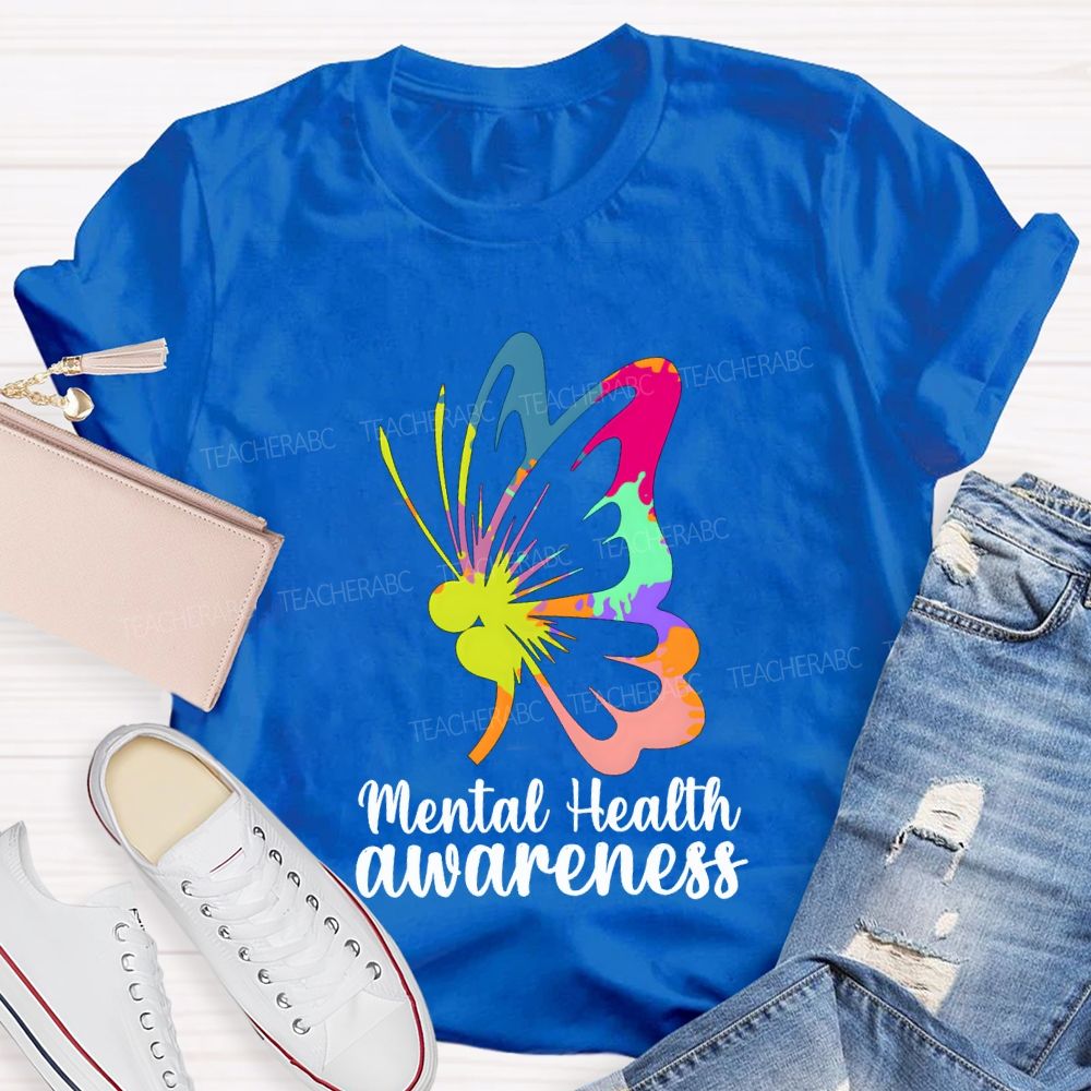 Mental Health Awareness Colorful Butterfly Teacher T-shirt