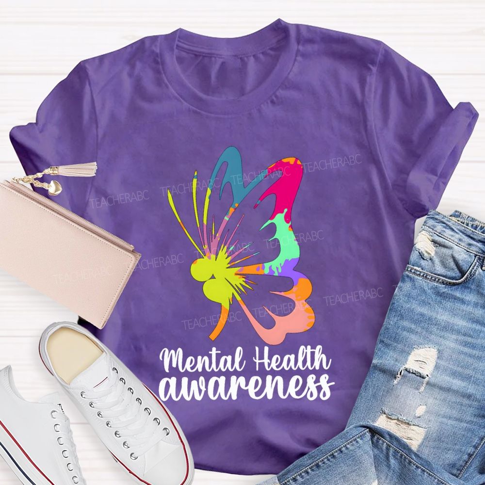 Mental Health Awareness Colorful Butterfly Teacher T-shirt
