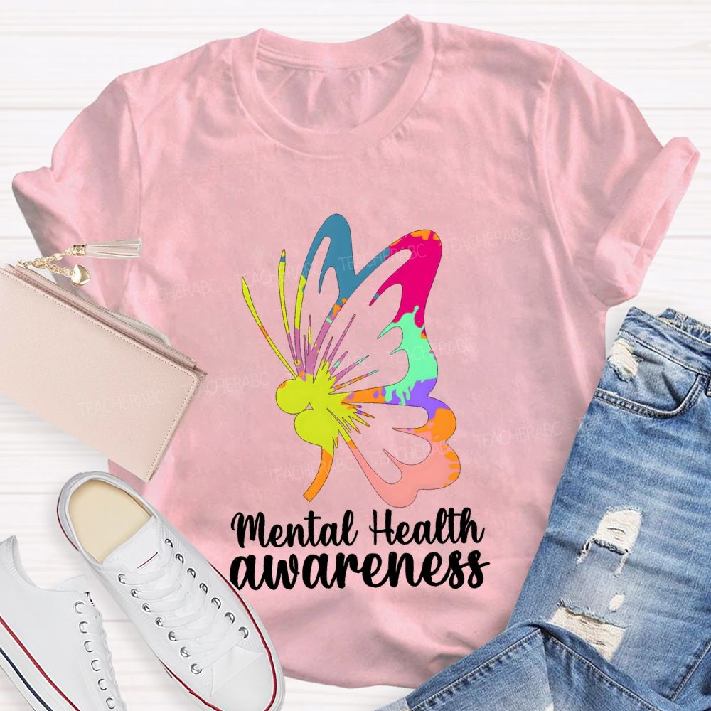 Mental Health Awareness Colorful Butterfly Teacher T-shirt