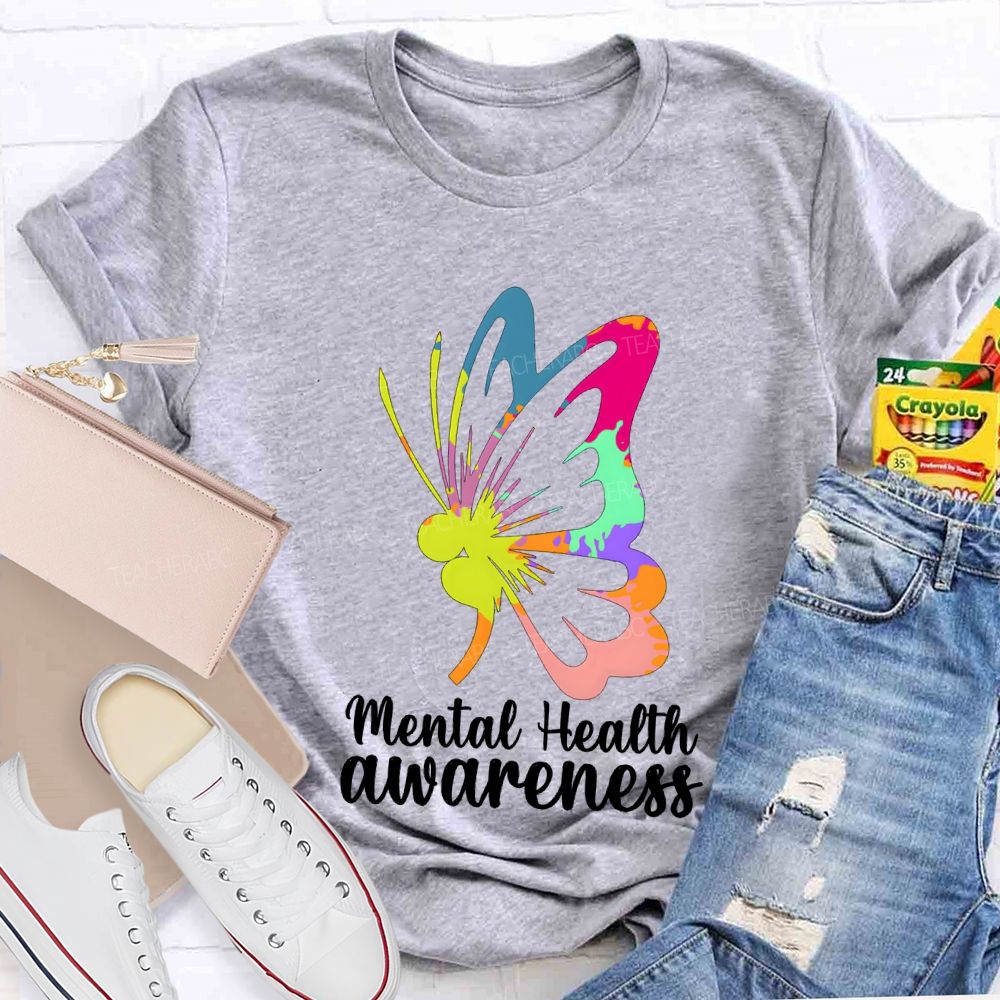 Mental Health Awareness Colorful Butterfly Teacher T-shirt