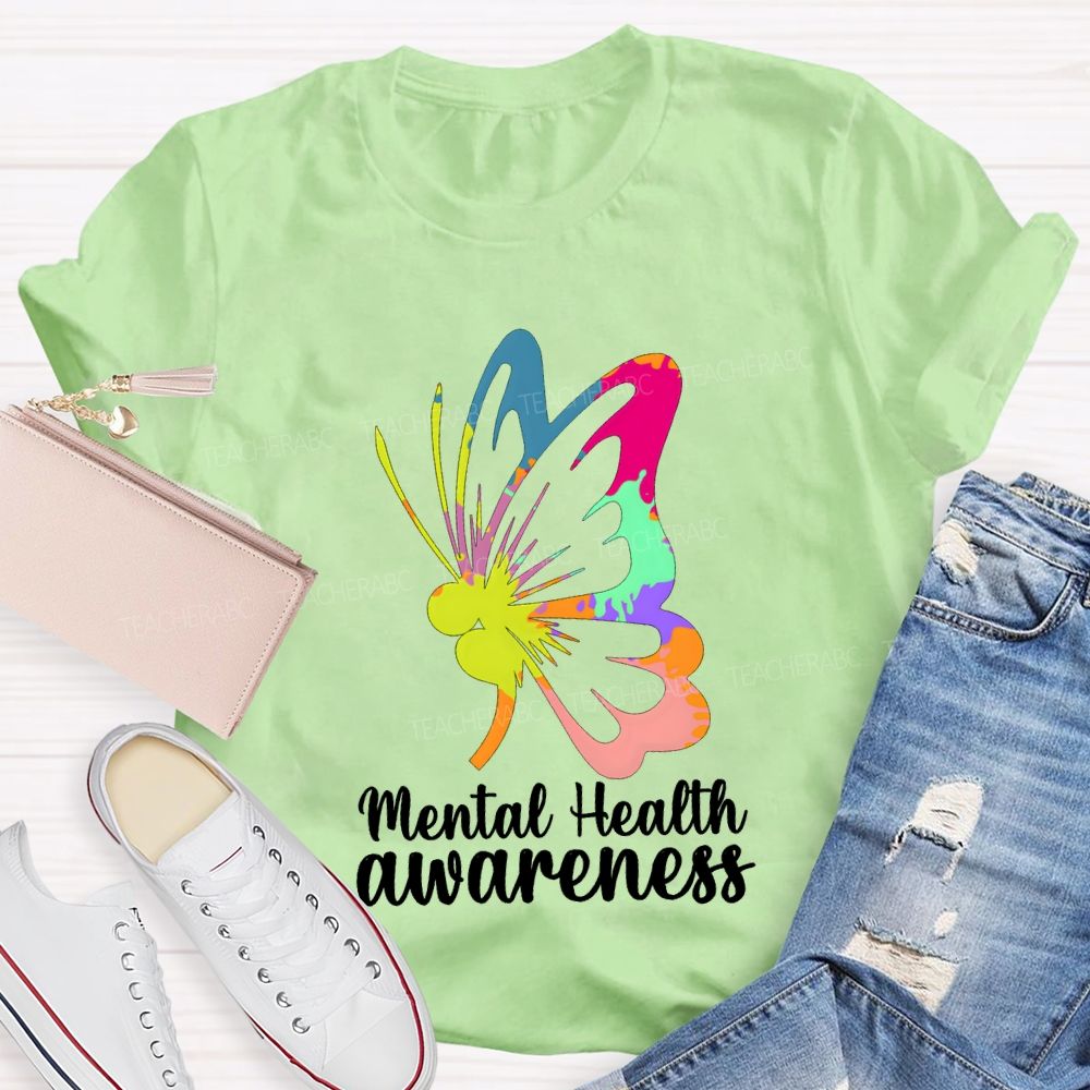 Mental Health Awareness Colorful Butterfly Teacher T-shirt