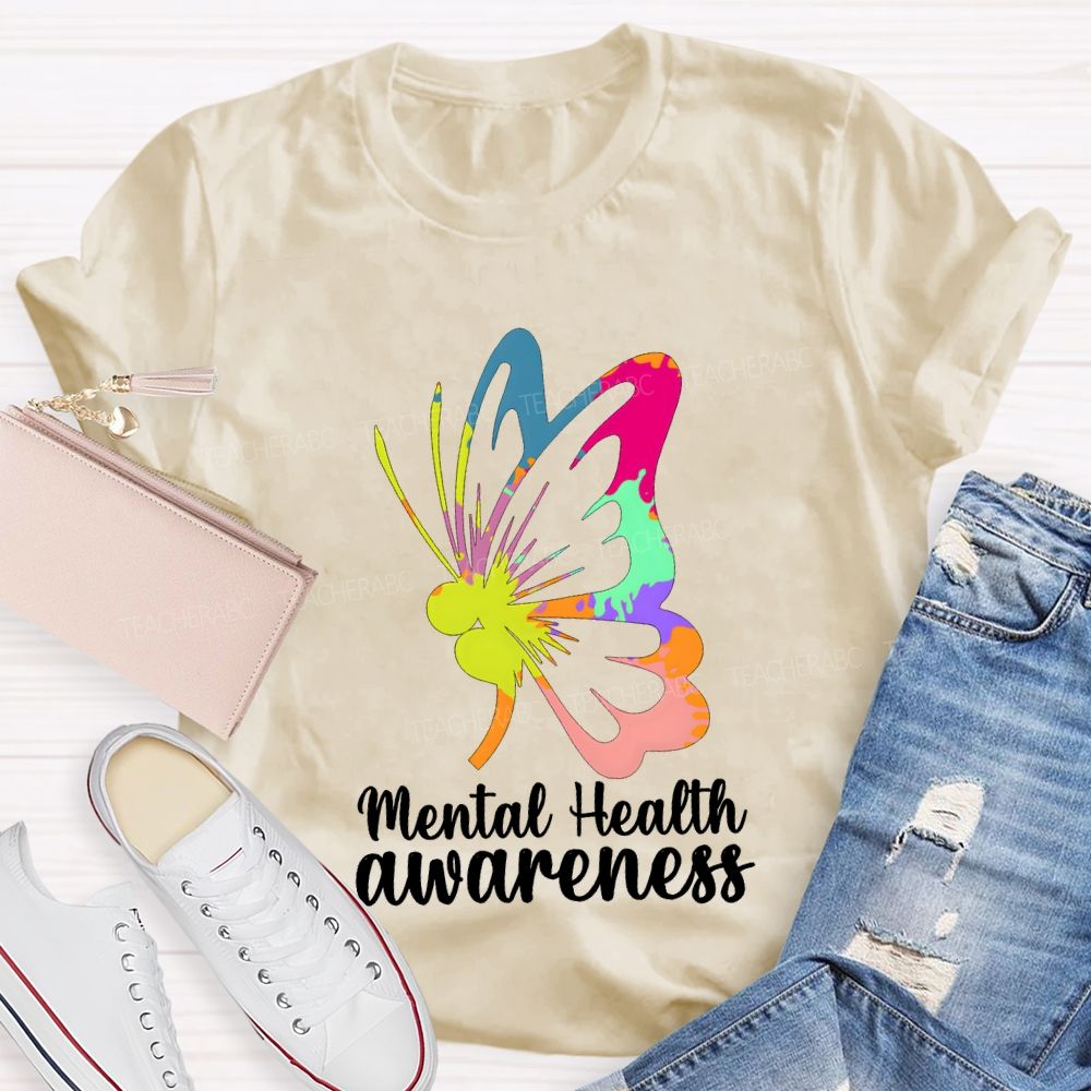 Mental Health Awareness Colorful Butterfly Teacher T-shirt