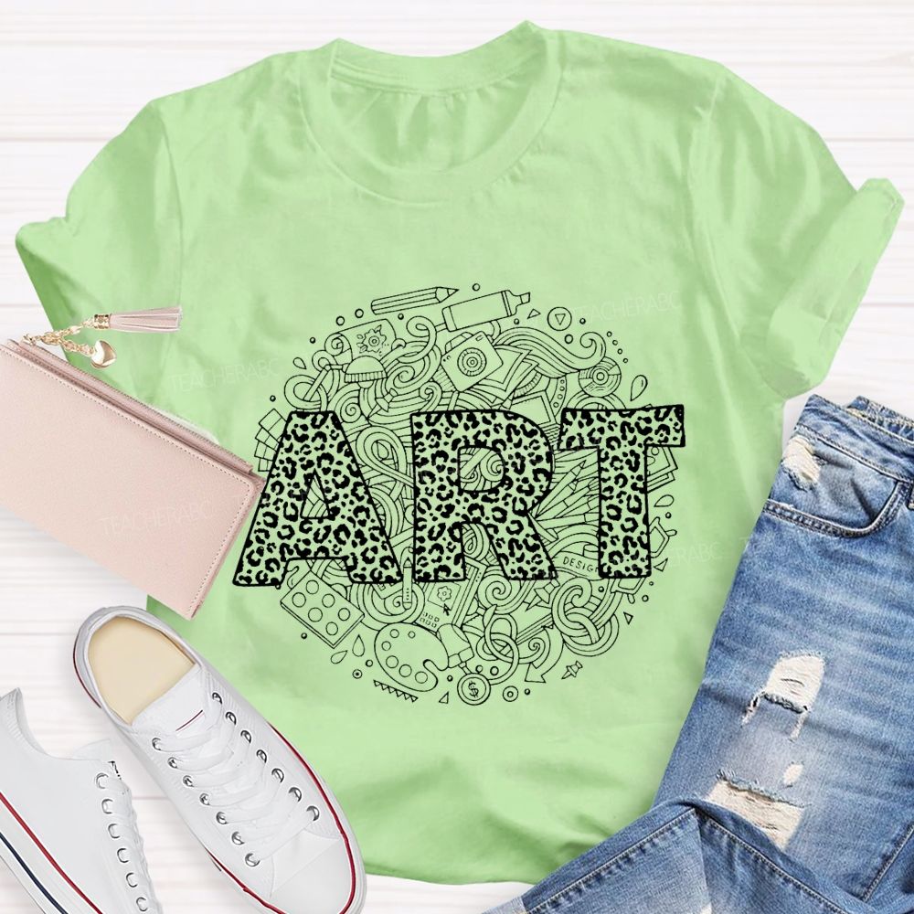 Art Leopard Print Font And Drawing Tools Teacher T-shirt