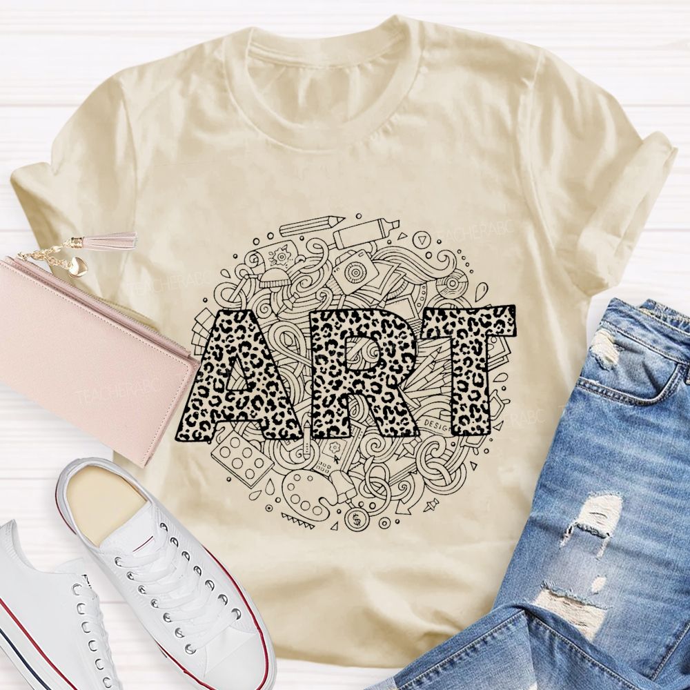 Art Leopard Print Font And Drawing Tools Teacher T-shirt