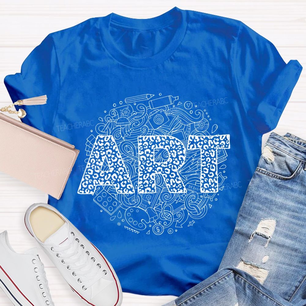 Art Leopard Print Font And Drawing Tools Teacher T-shirt