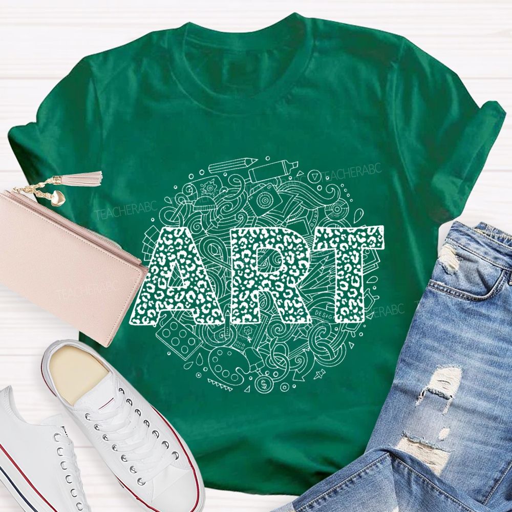 Art Leopard Print Font And Drawing Tools Teacher T-shirt