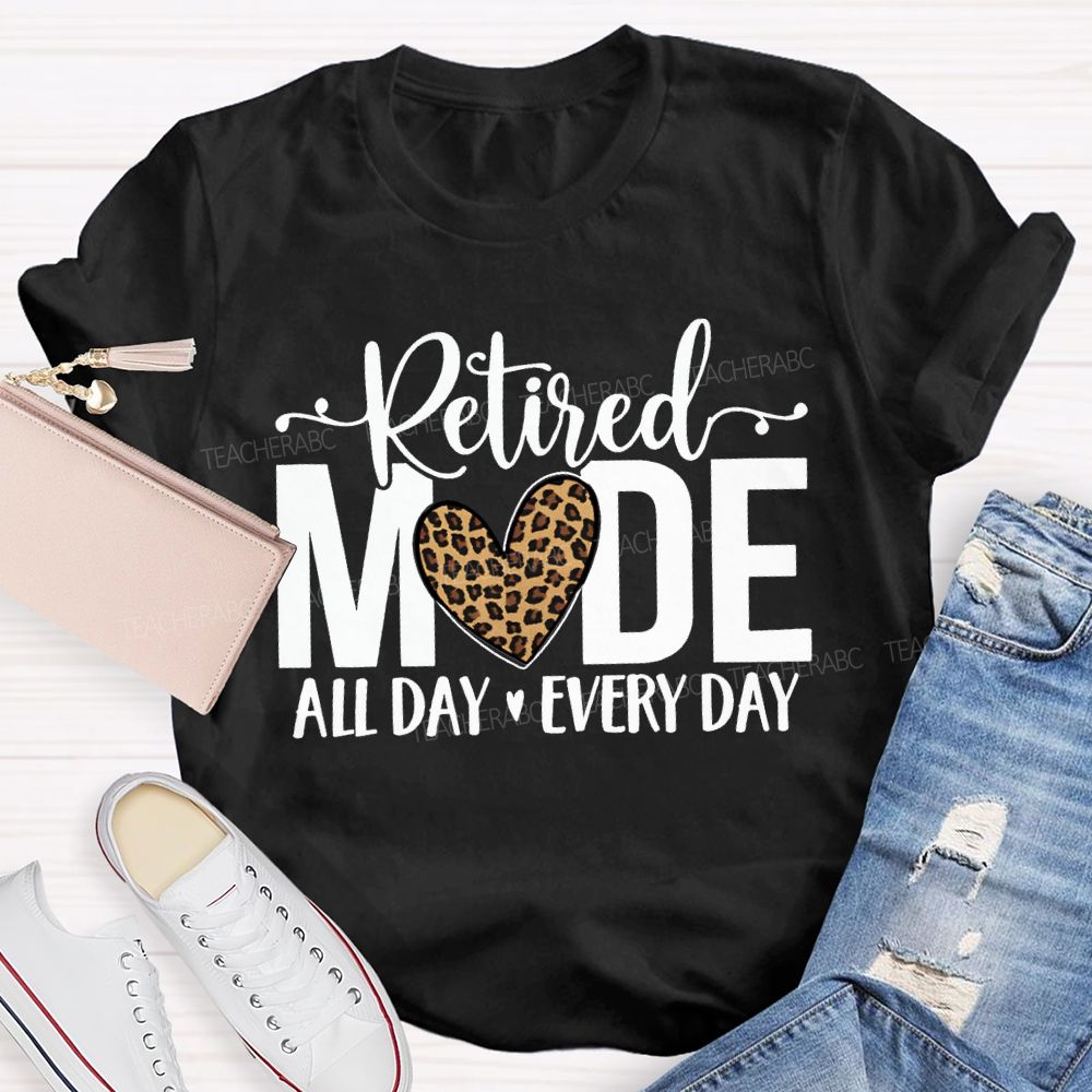 Retired Mode All Day Every Day Leopard Print Heart T-shirt