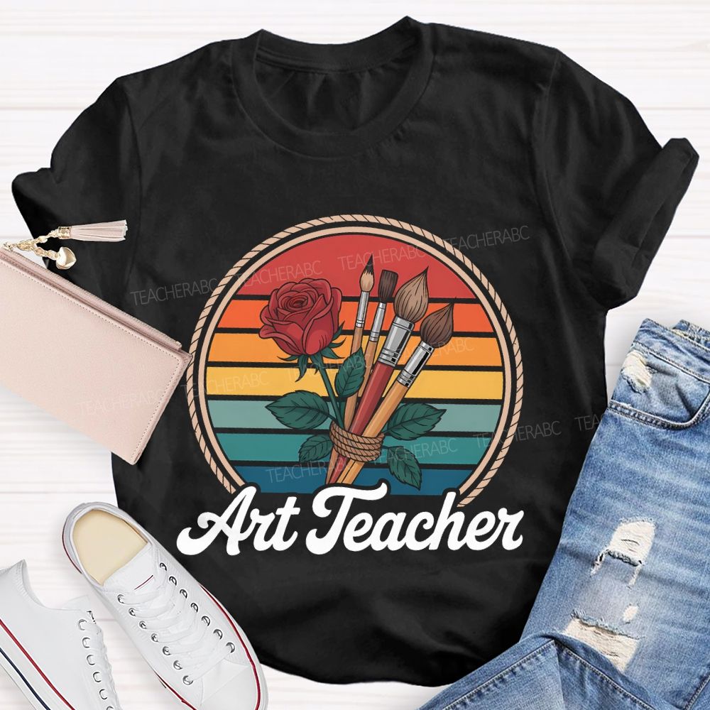Art Teacher Paintbrush And Flowers Teacher T-shirt