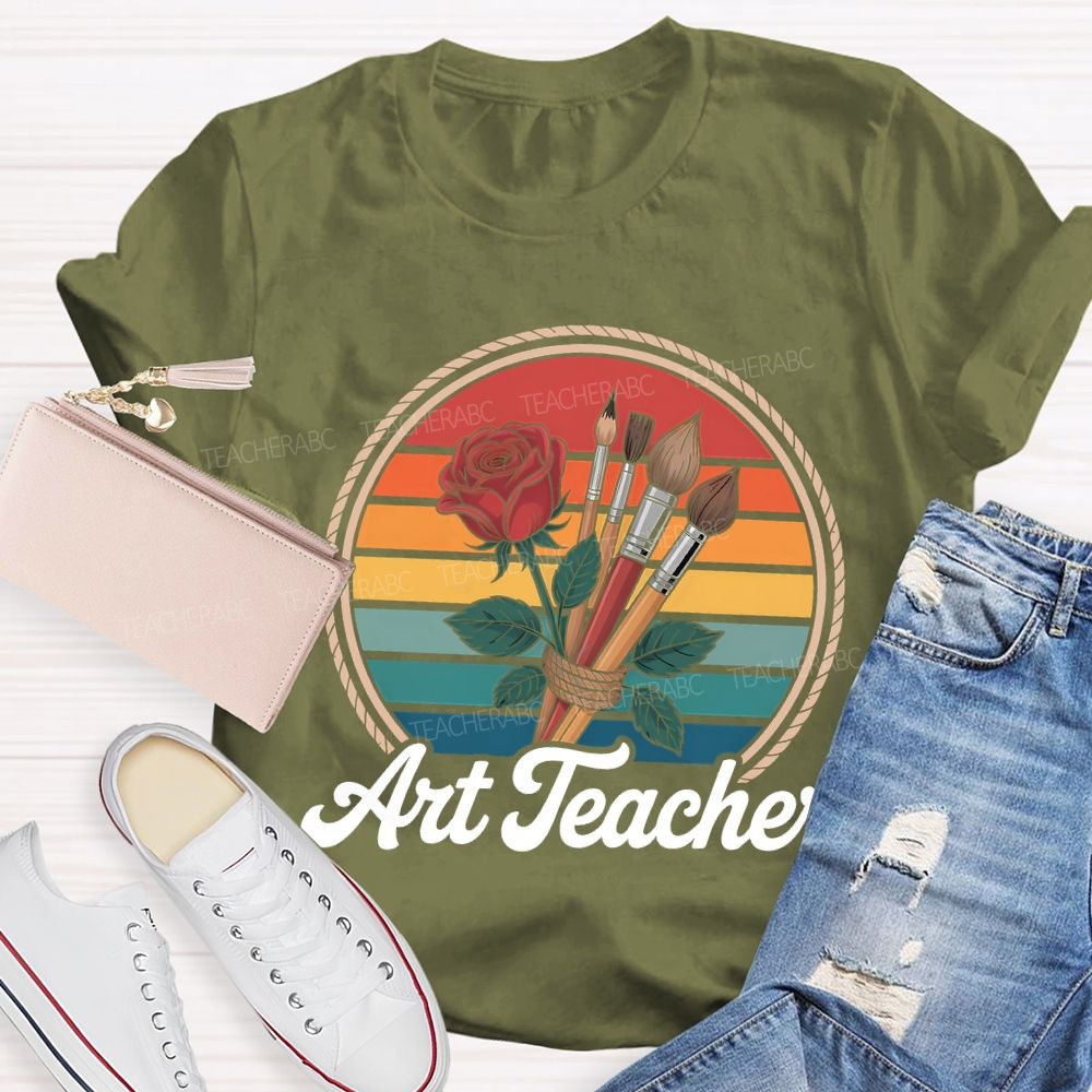 Art Teacher Paintbrush And Flowers Teacher T-shirt