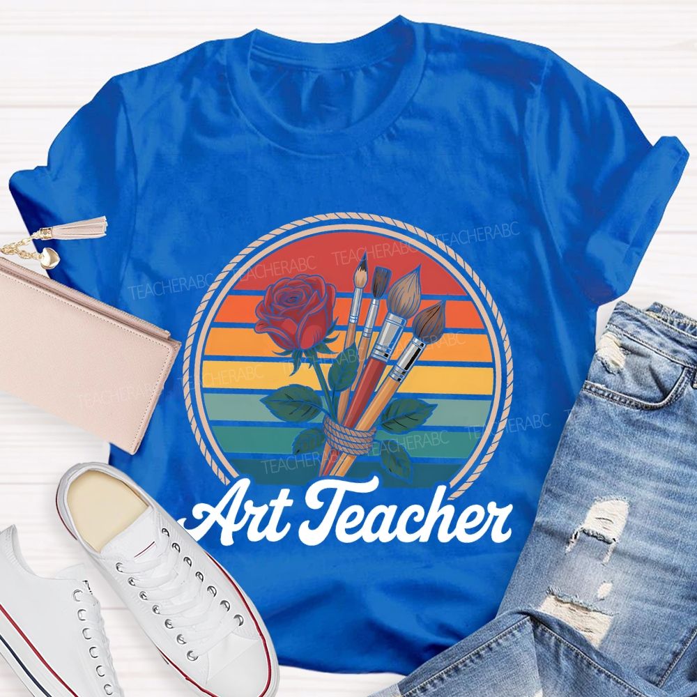Art Teacher Paintbrush And Flowers Teacher T-shirt