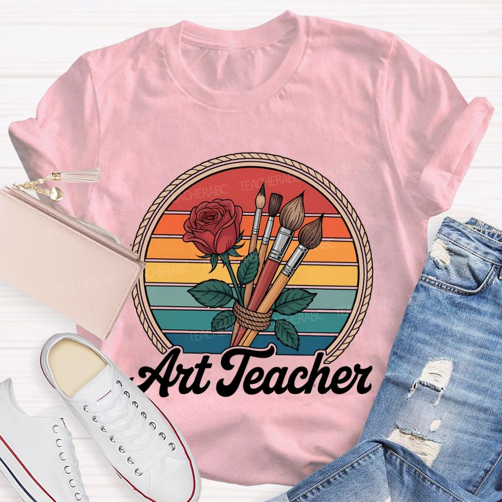 Art Teacher Paintbrush And Flowers Teacher T-shirt
