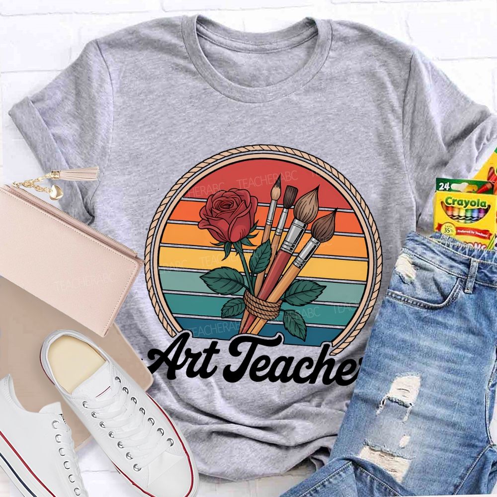 Art Teacher Paintbrush And Flowers Teacher T-shirt