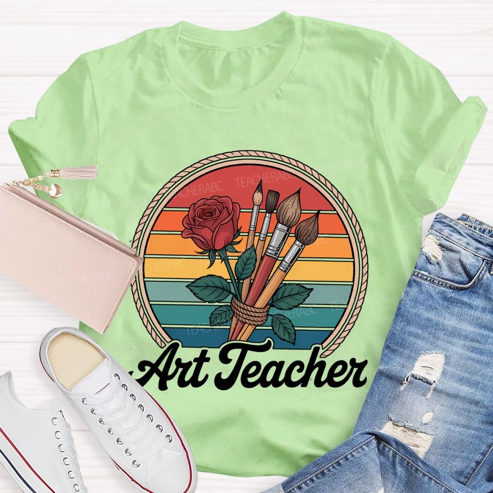 Art Teacher Paintbrush And Flowers Teacher T-shirt