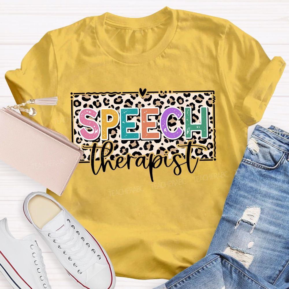 Speech Therapy Leopard Print And Heart Teacher T-shirt