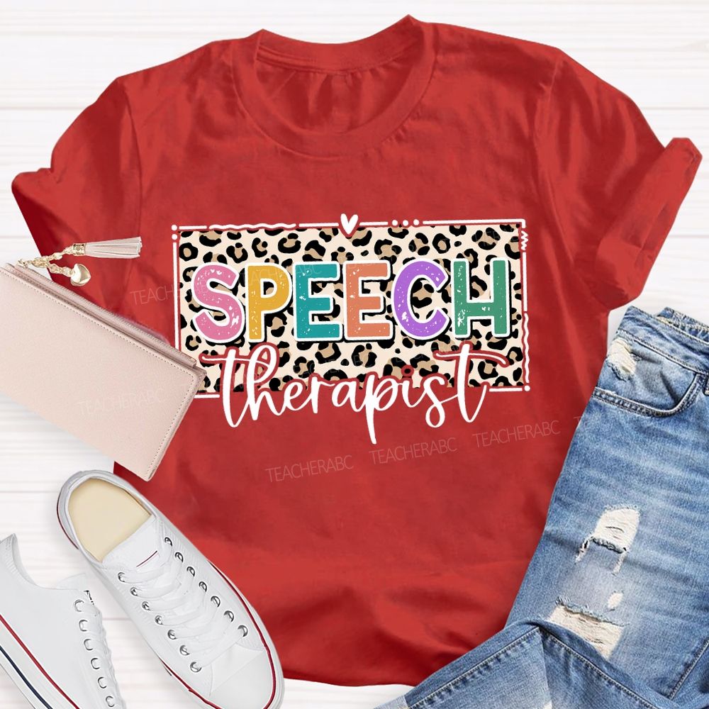 Speech Therapy Leopard Print And Heart Teacher T-shirt