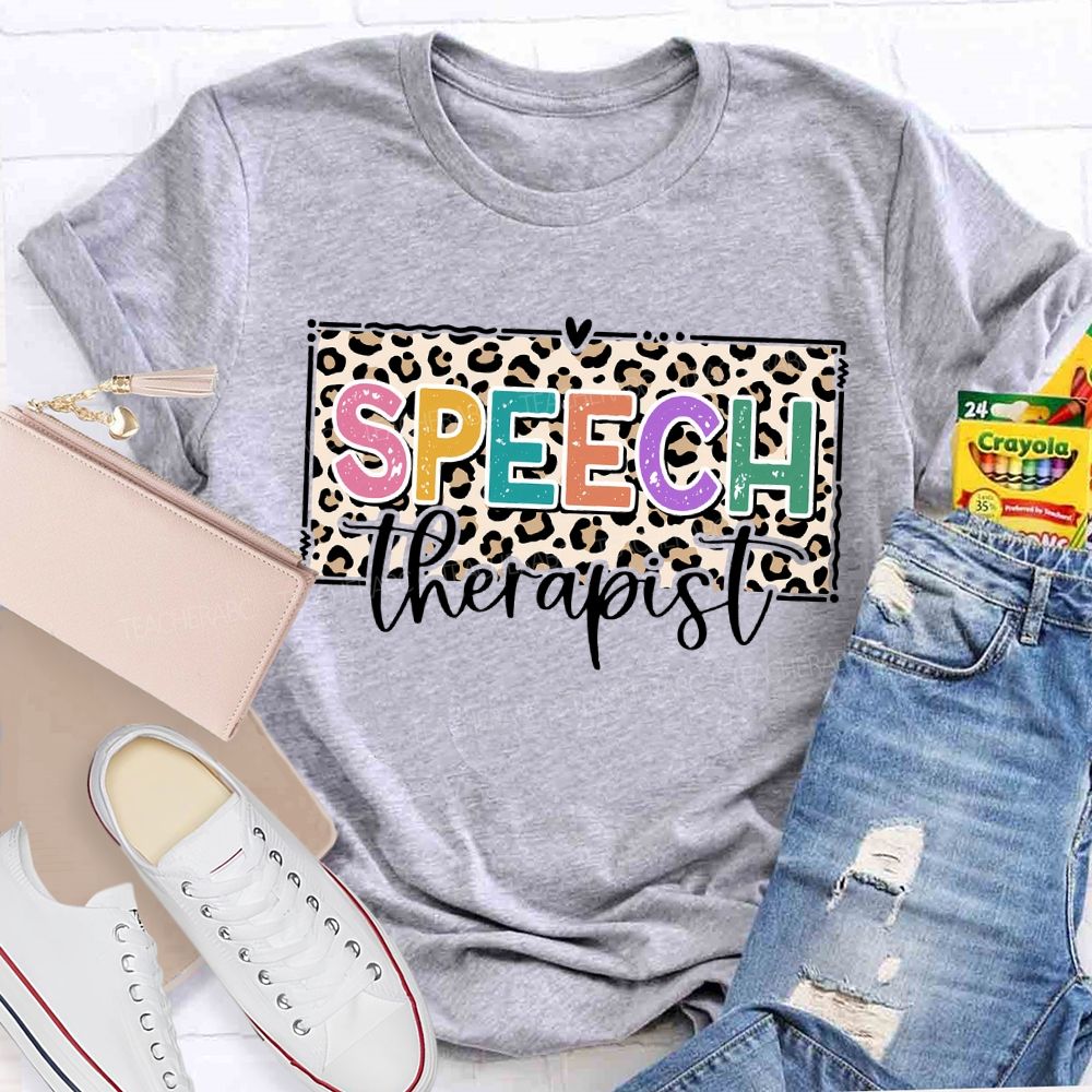 Speech Therapy Leopard Print And Heart Teacher T-shirt