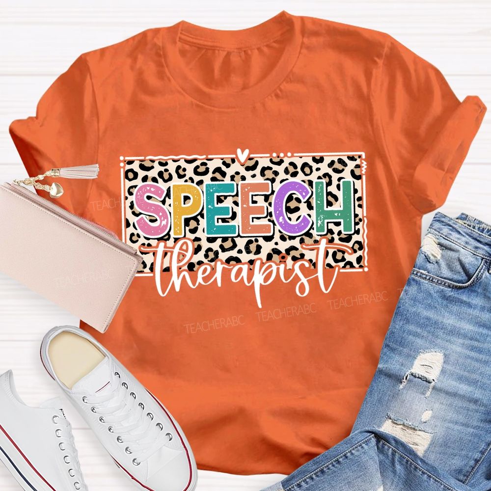 Speech Therapy Leopard Print And Heart Teacher T-shirt